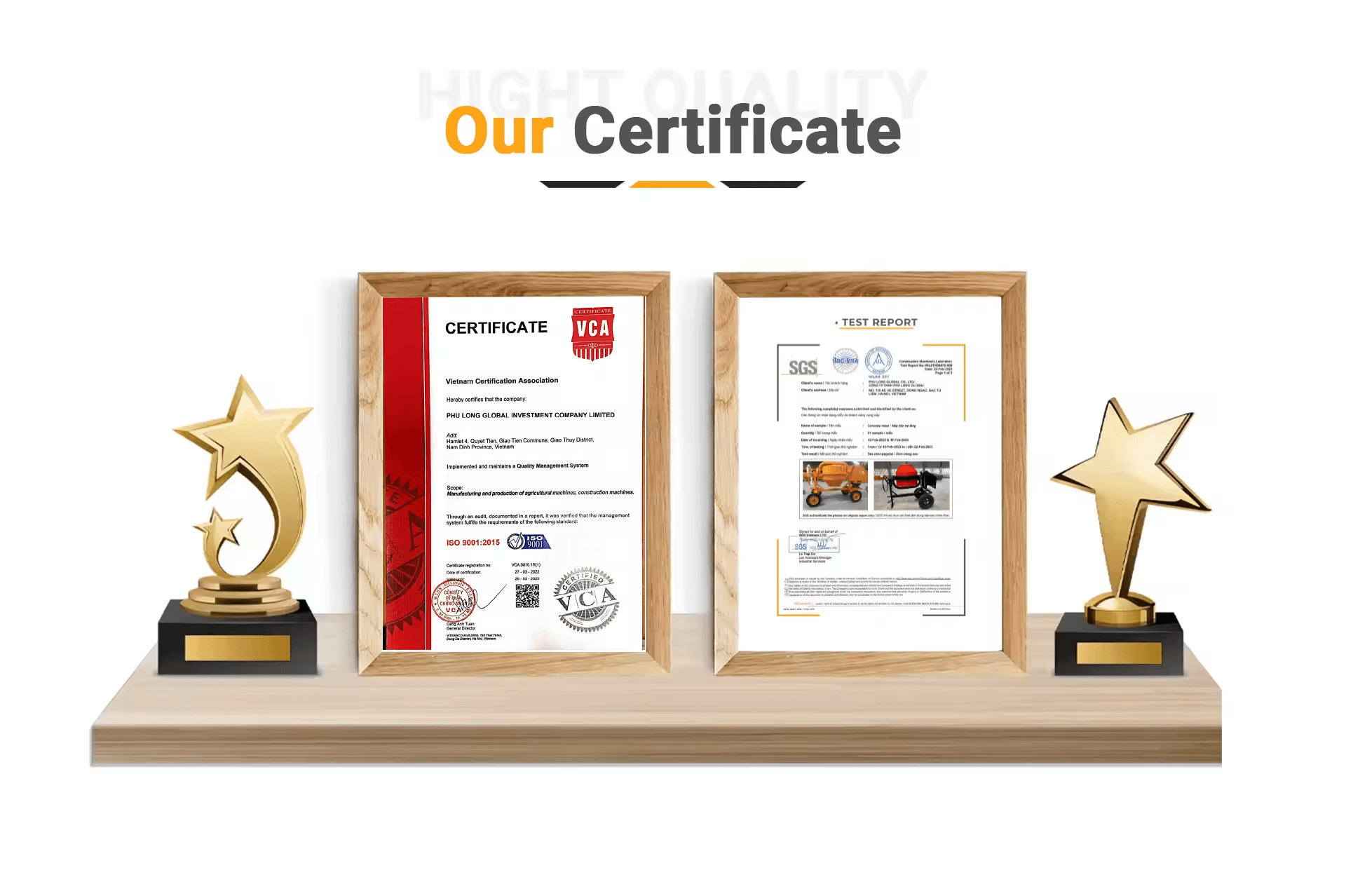 Phu Long certifications — VCA certificate and SGS test report